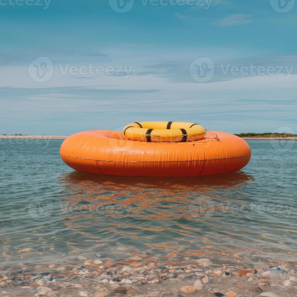 An inflatable raft floating in the ocean photo
