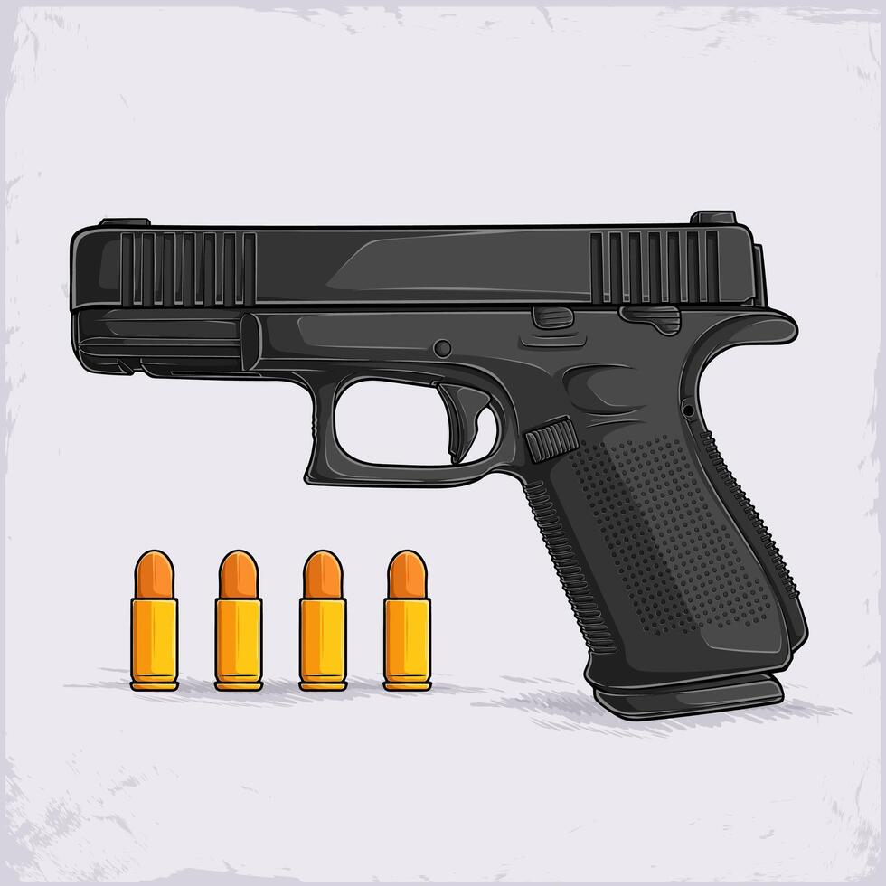 Hand drawn police black Glock hand gun with golden bullets, 9mm cop pistol firearm isolated on white background vector