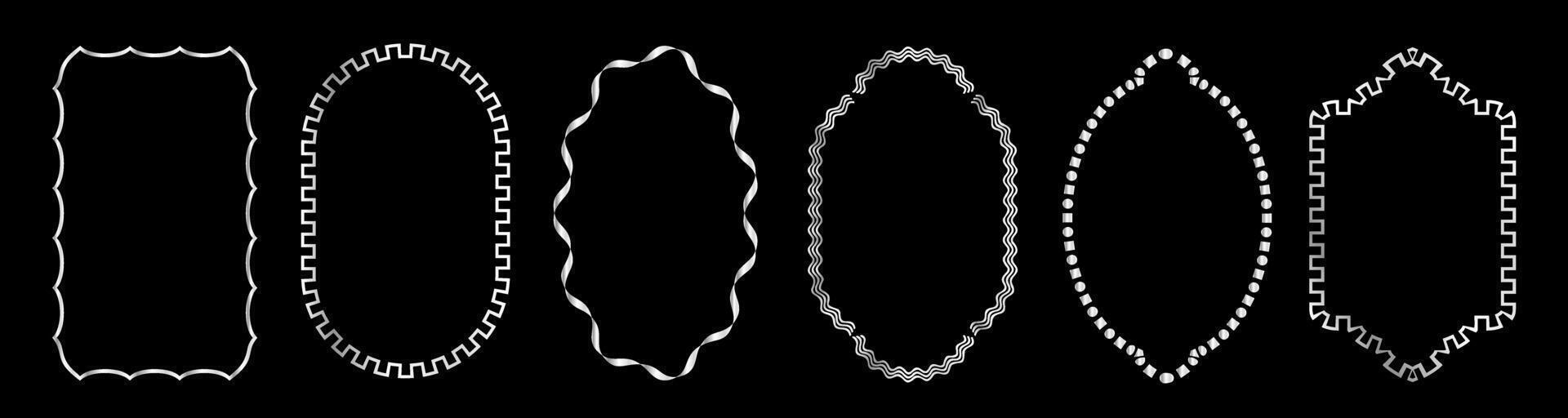 Set of exquisite silver frames with wavy lines and patterns.a set of different shapes on a black background vector
