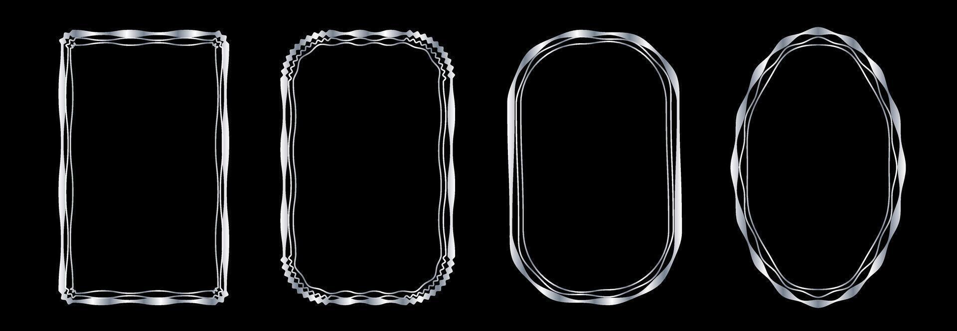 Set of exquisite silver frames with wavy lines and patterns.four different shapes of metal on a black background vector
