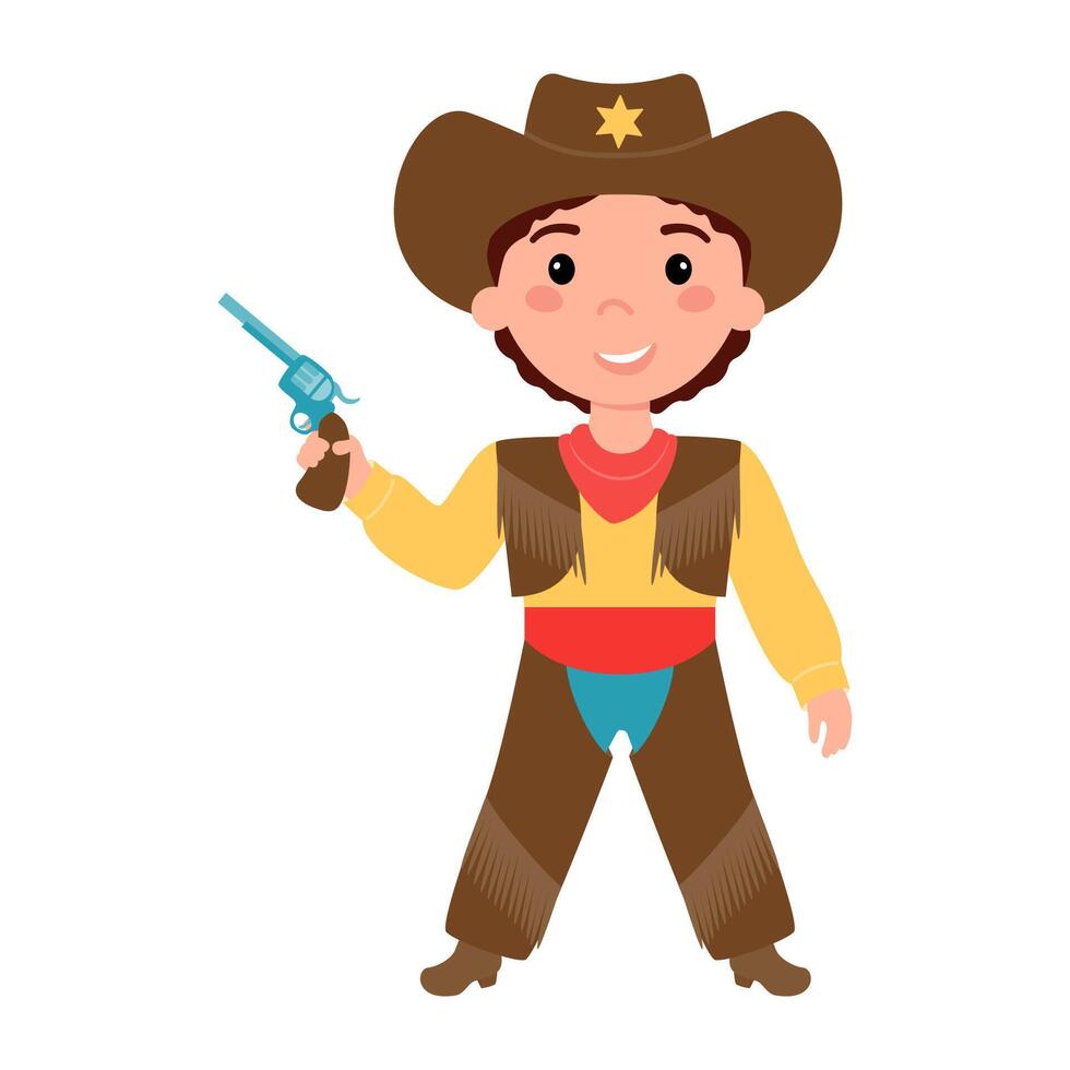 Boy dressed in a cowboy costume, a sheriff and holding a gun in his hands. vector