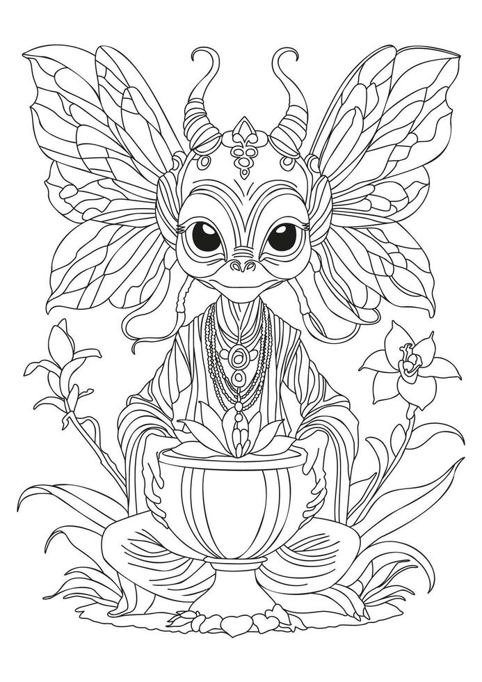 Alien sitting hugging a flower in a pot. Coloring page. vector