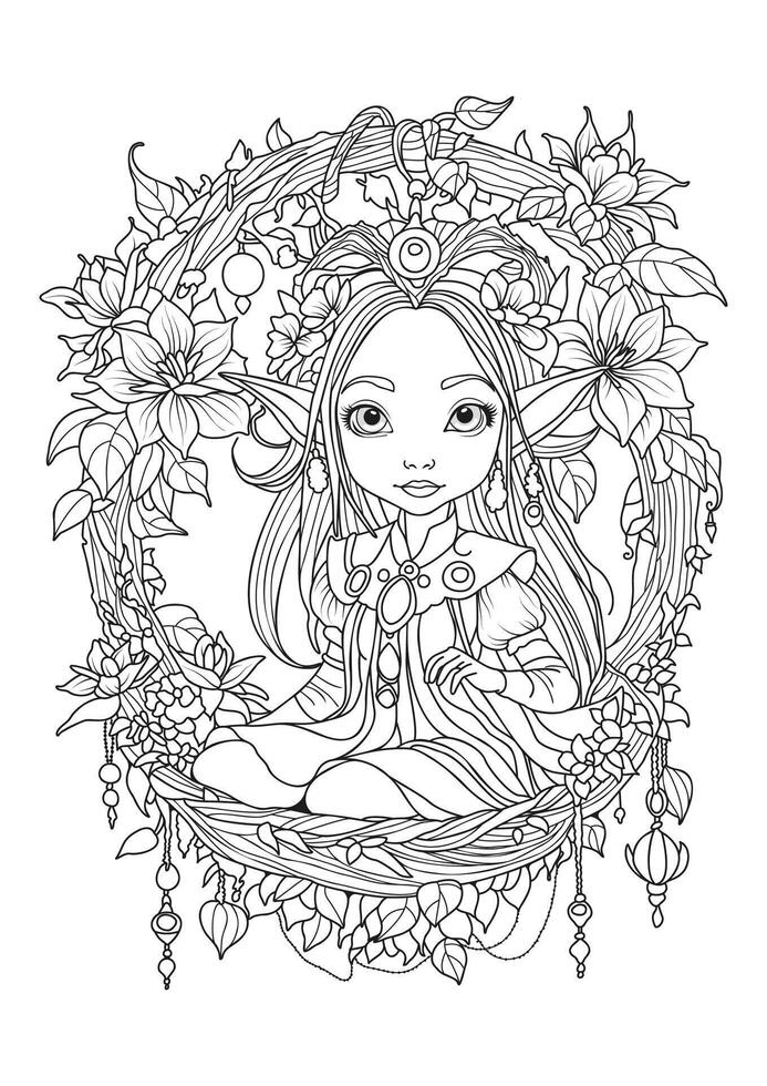 Elf girl with long ears swings on a swing beautifully decorated with flowers. Coloring page for children and adults. vector