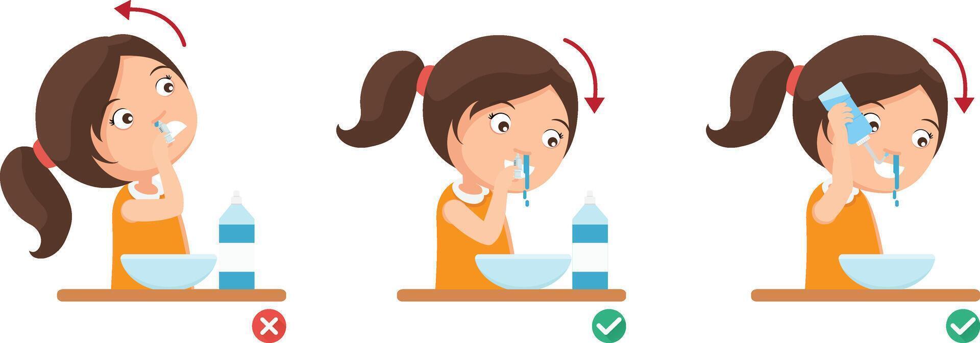 Kid Girl Right and Wrong ways of clean your nose illustration vector