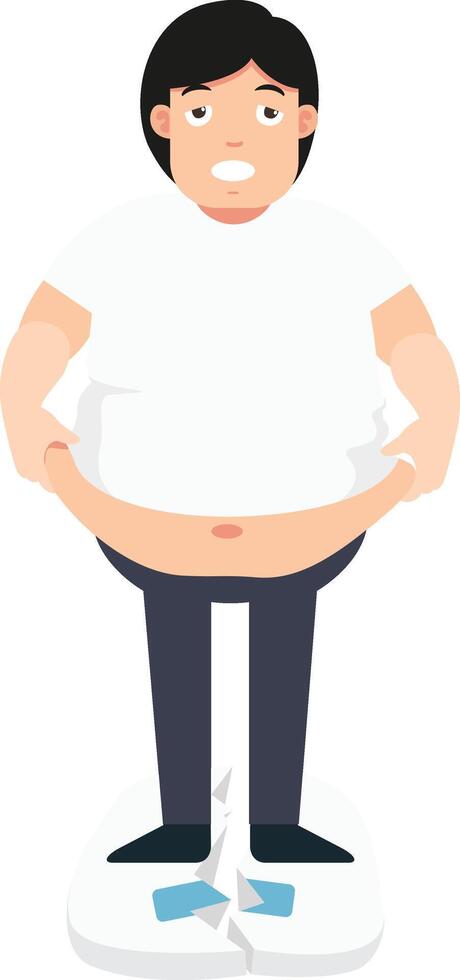 fat man was shocked by his overweight on the scales broken vector
