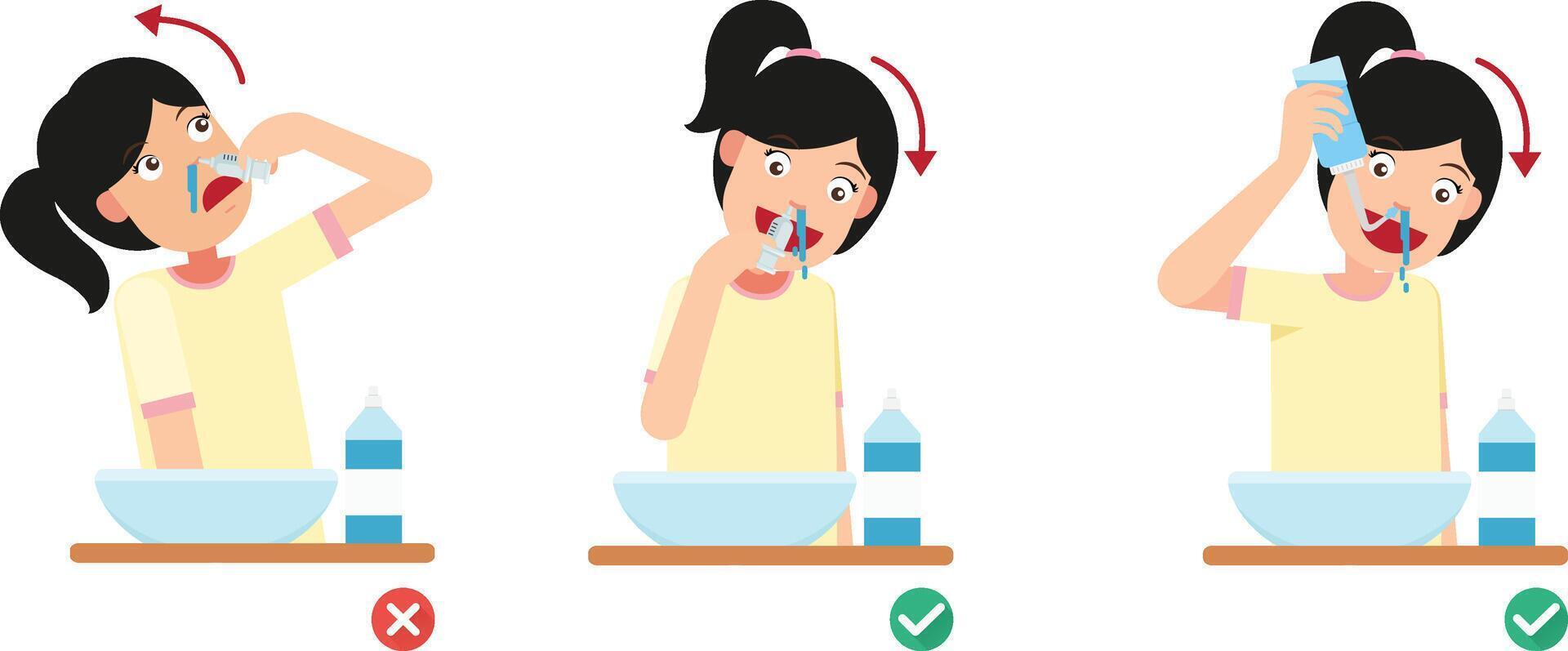 Woman Right and Wrong ways of clean your nose illustration vector