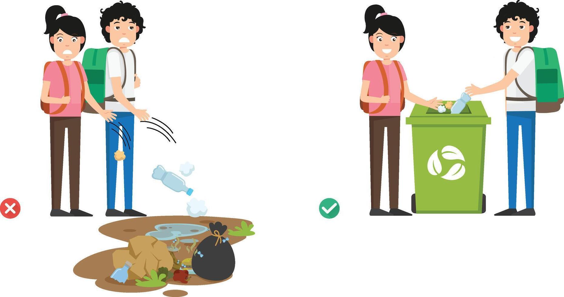 Do not throw littering on the floor wrong and right vector