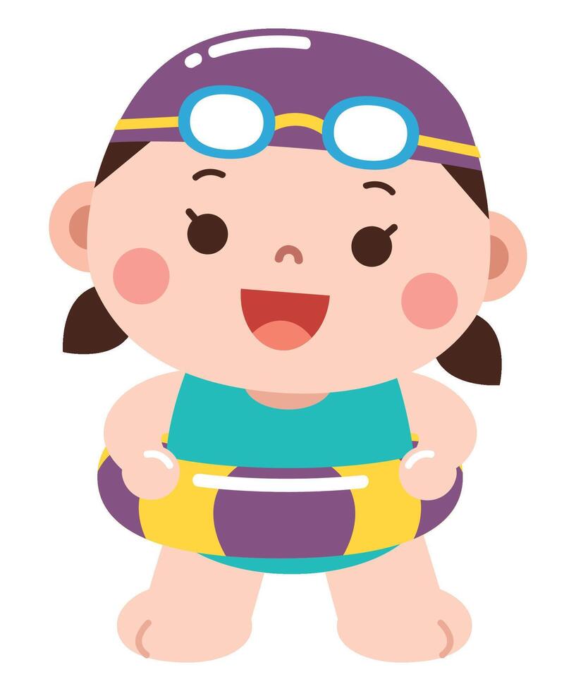 A cheerful young girl wearing a swimsuit, swimming cap, and goggles, holding a colorful float ring, ready for a fun day at the pool or beach. vector