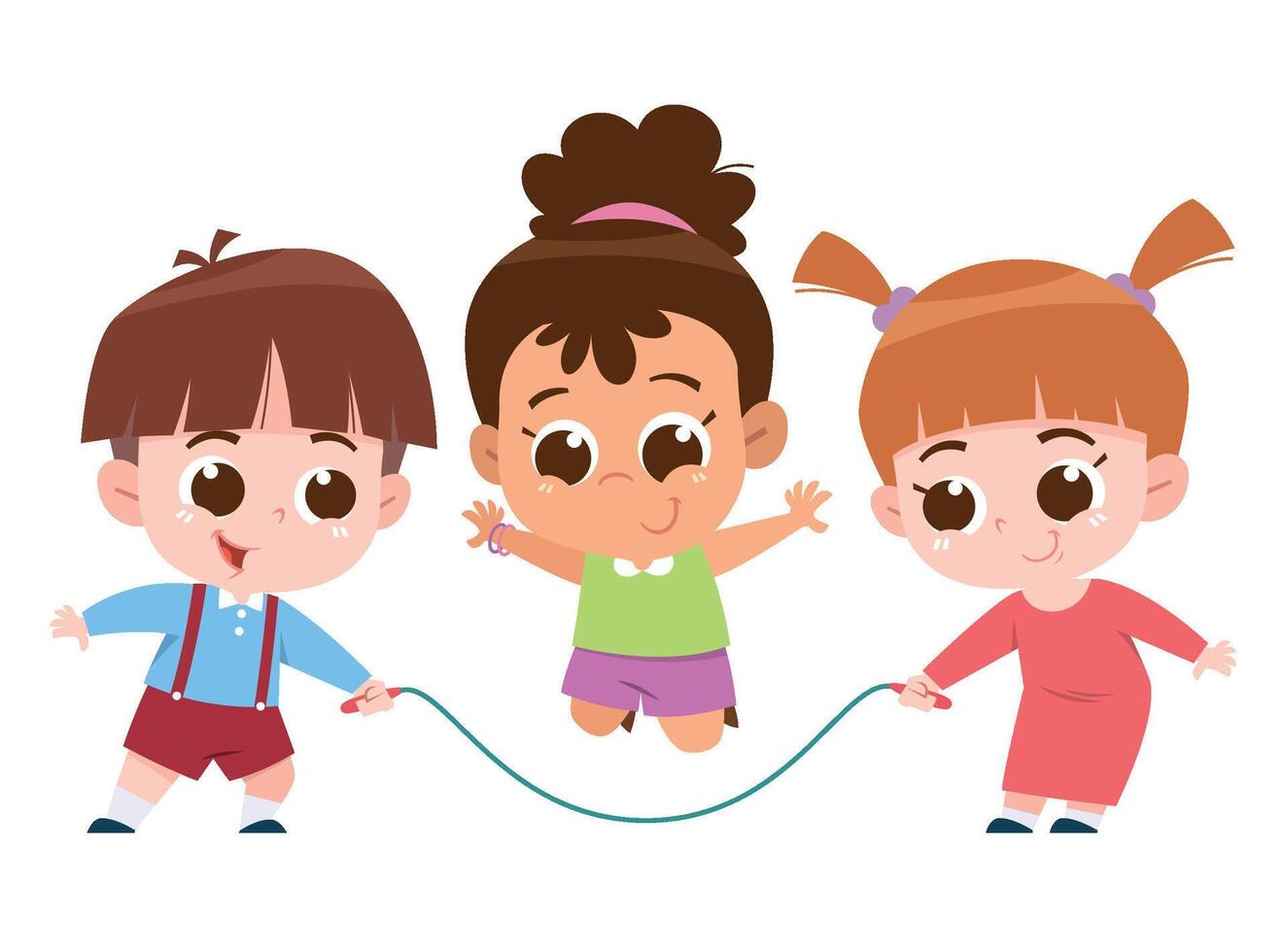 A fun and lively digital illustration of three happy children playing jump rope together. vector