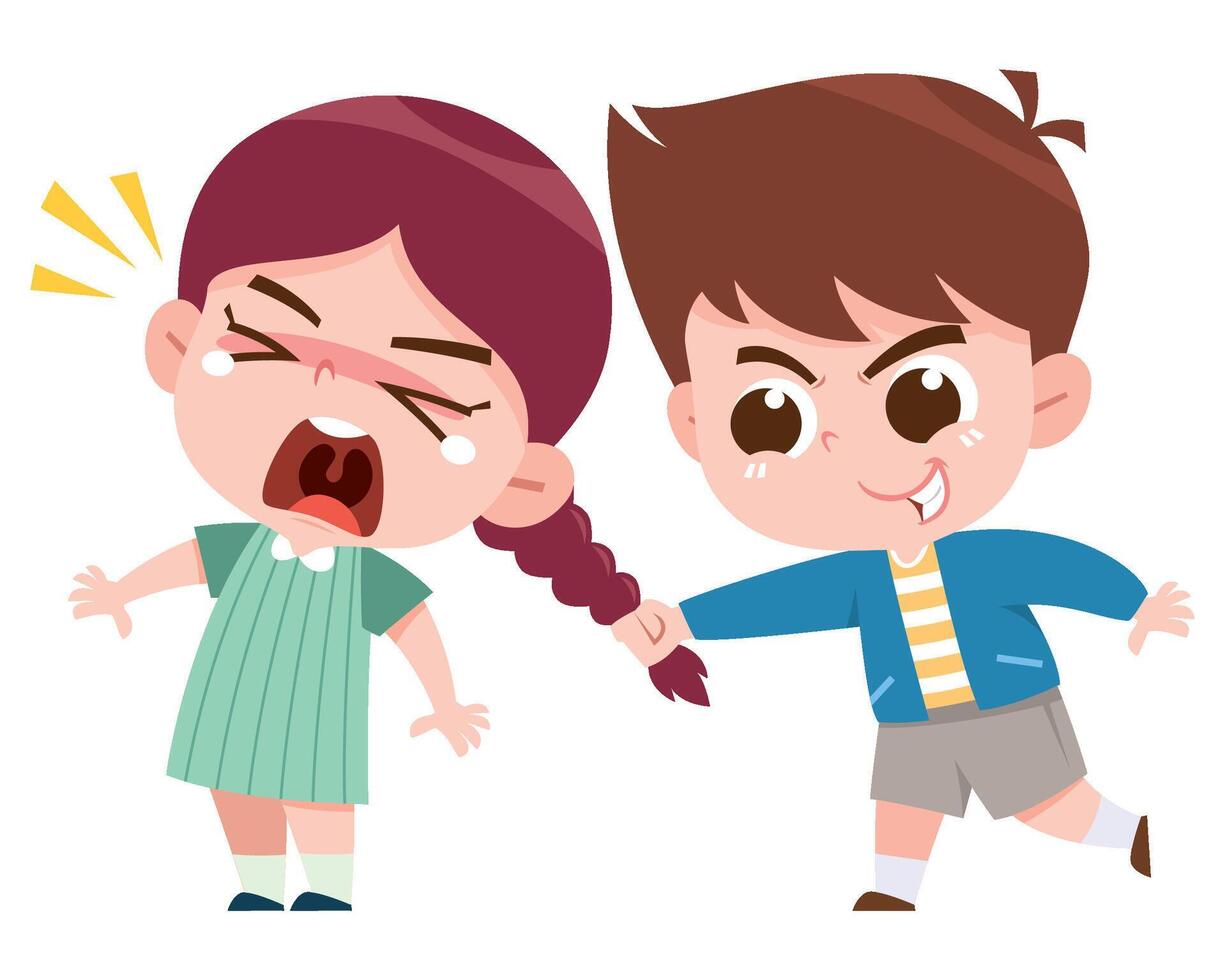 A digital illustration depicting a boy mischievously pulling a girl hair while she screams in pain and frustration. vector