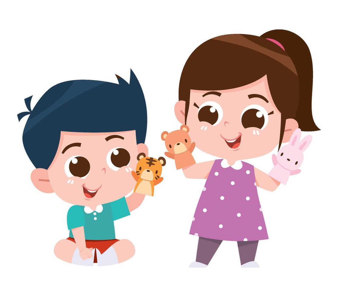 A delightful digital illustration of a boy and girl happily playing with hand puppets. vector