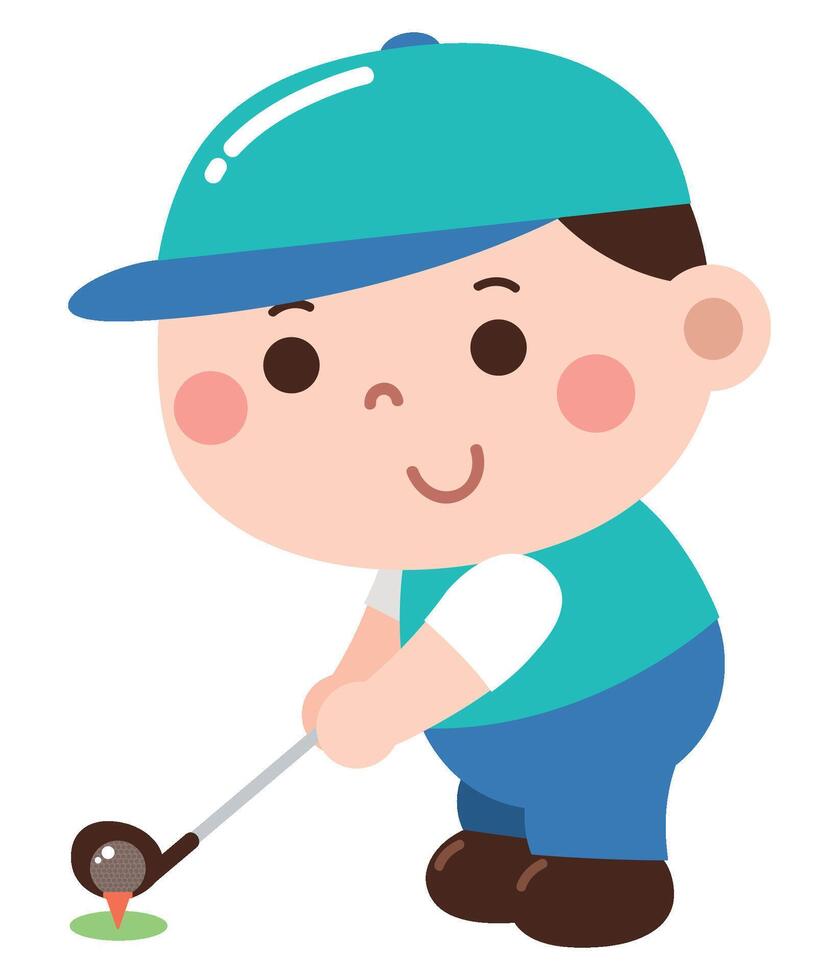 An adorable cartoon illustration of a young boy playing golf vector