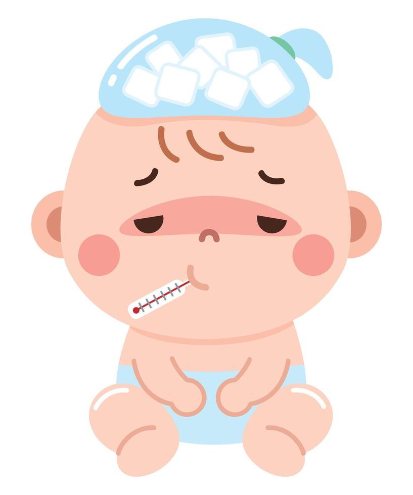 Sick Cartoon Baby with Fever and Ice Pack. vector