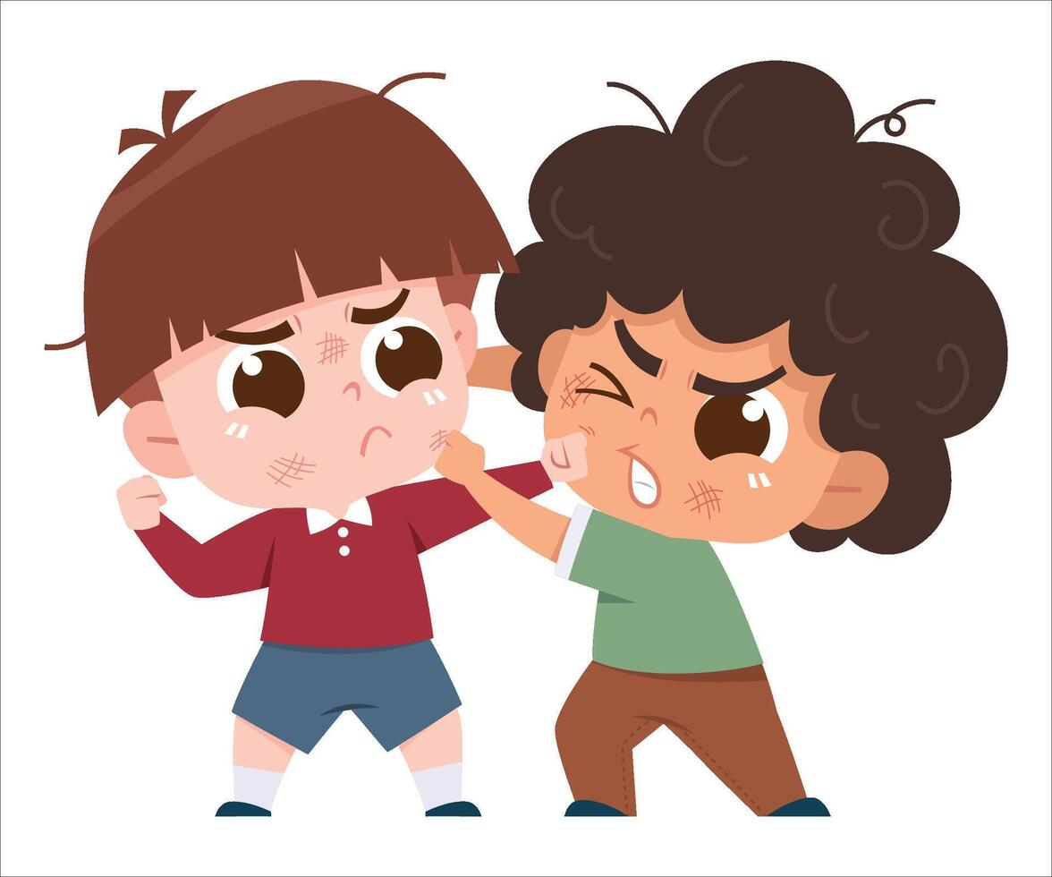 A dramatic and expressive digital illustration of two young boys engaged in a fight. vector