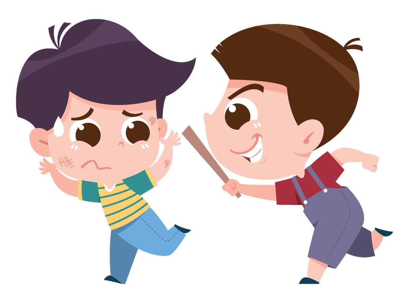 A digital illustration depicting a tense bullying situation between two young boys. One boy is aggressively chasing another with a stick. vector