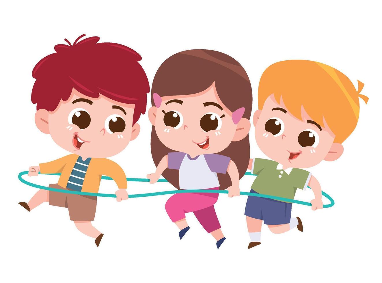 A fun and energetic digital illustration of three happy children playing together with a hula hoop. vector
