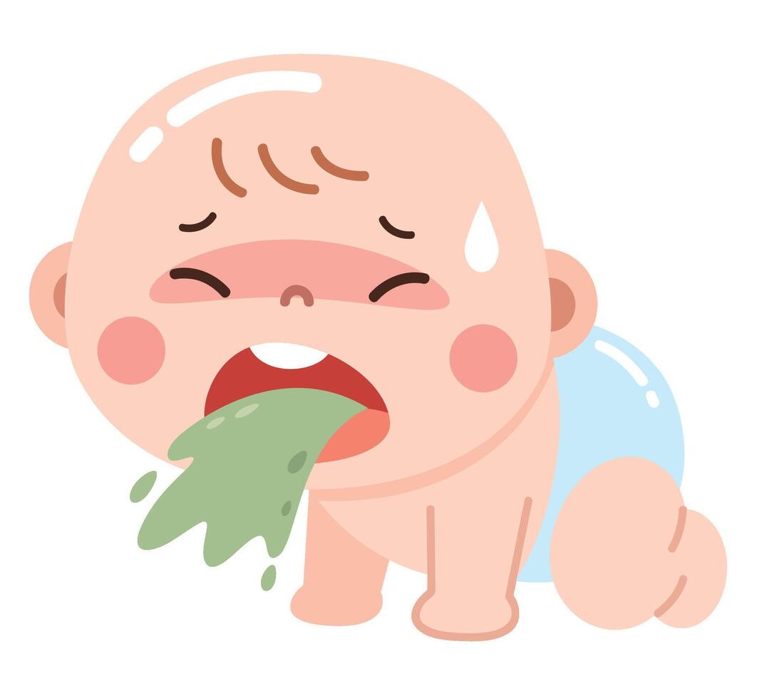 A cute yet concerning digital illustration of a baby crawling while vomiting green liquid. vector