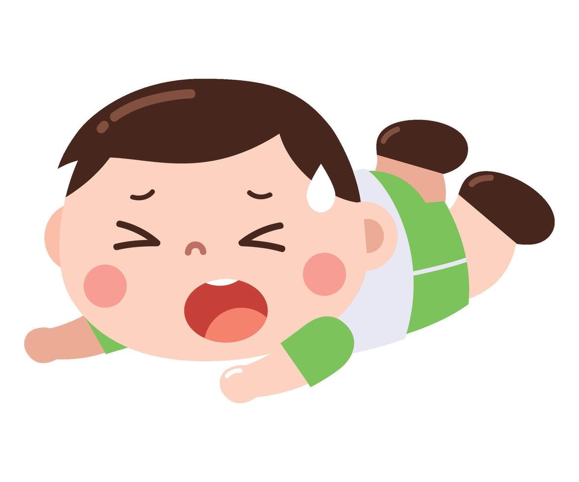 A young boy in a green and white sports outfit lying on the ground, crying with tears in his eyes after falling. vector