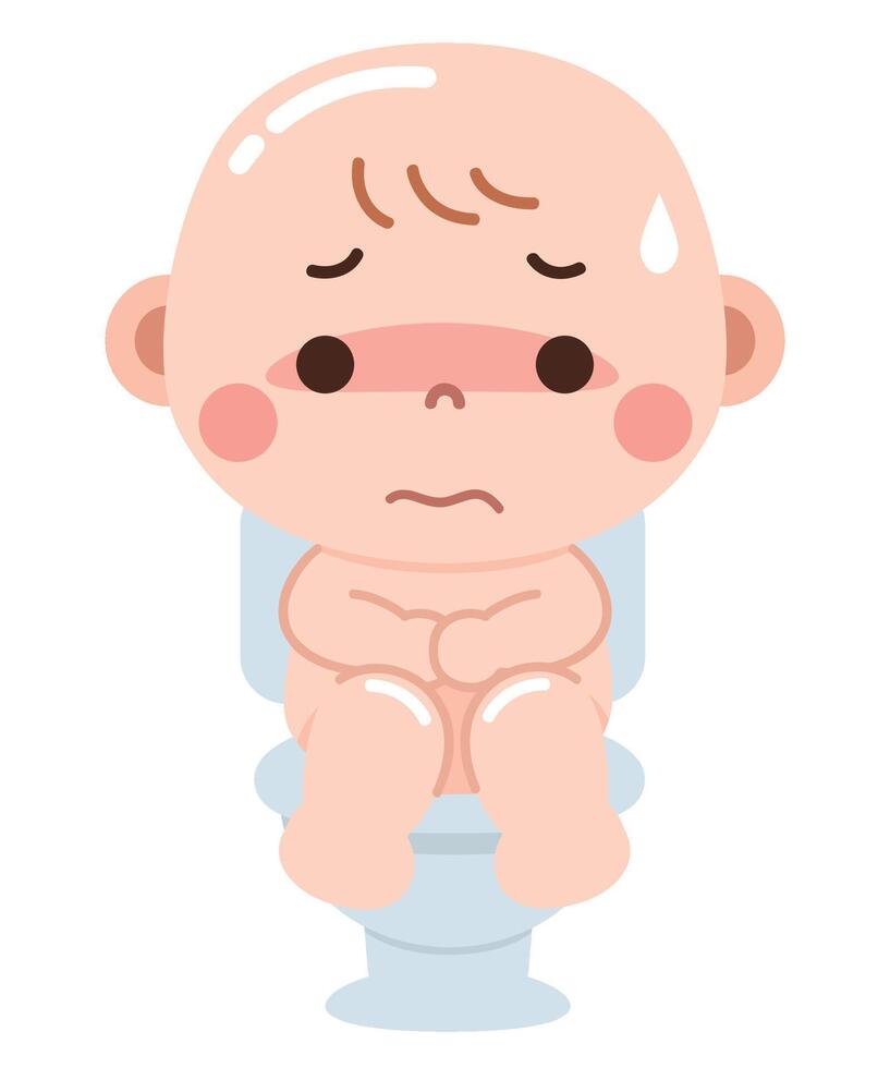 A cute yet expressive illustration of a baby sitting on a toilet, struggling with constipation. vector