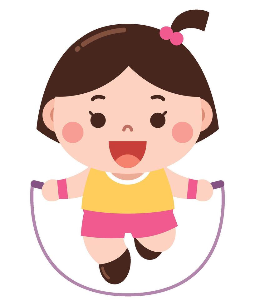 Adorable cartoon illustration of a young girl joyfully jumping rope. She is dressed in a sporty outfit with wristbands vector