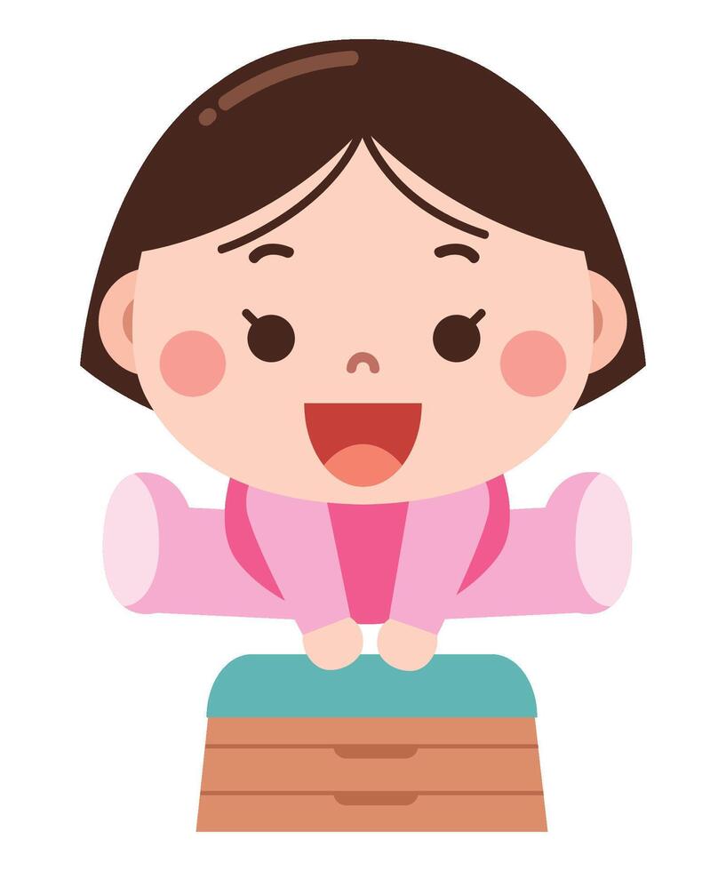 A delightful cartoon illustration of a young girl performing a gymnastics vault jump with a happy and excited expression. vector