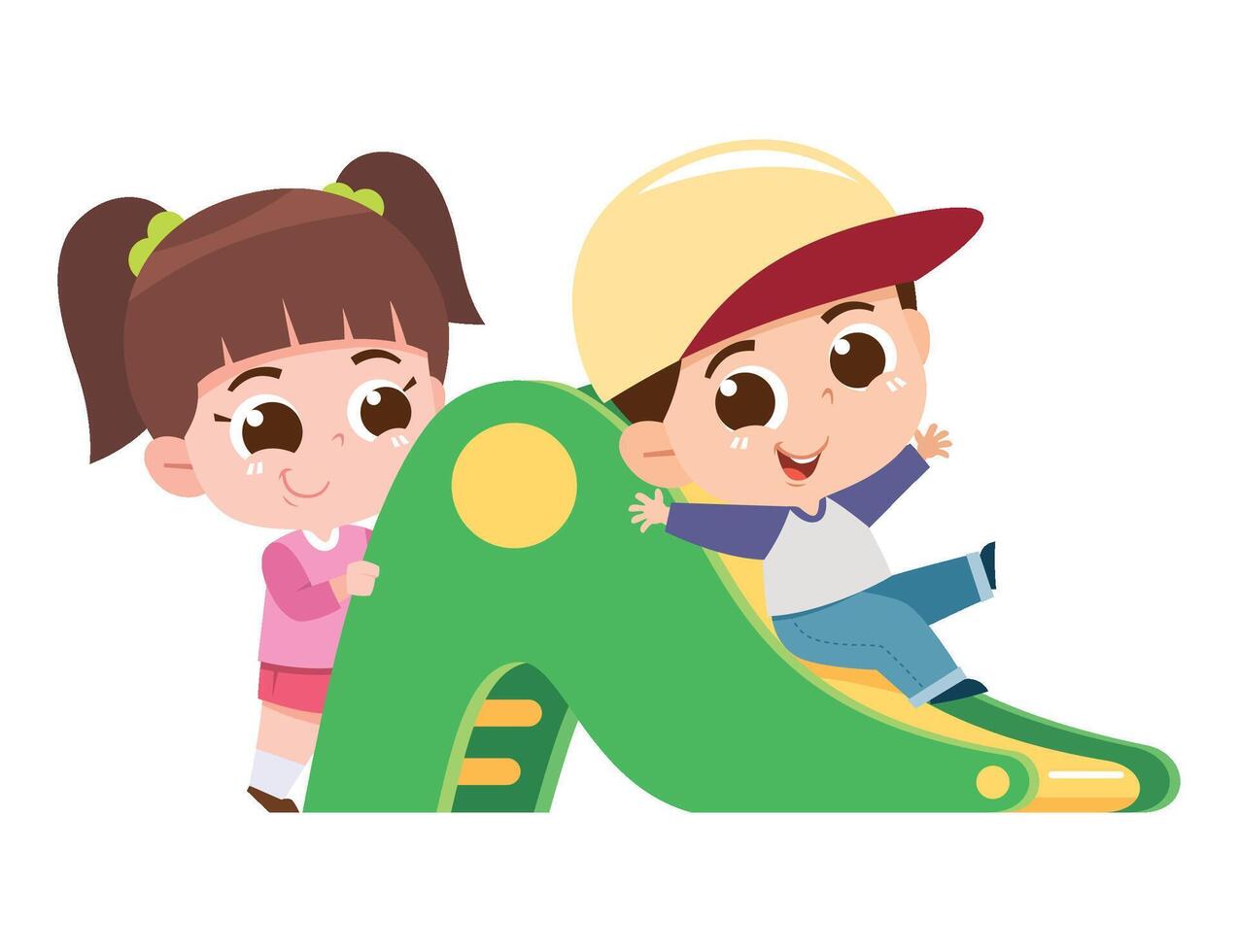 A joyful digital illustration of a boy and girl having fun on a playground slide. The boy excitedly slides down while the girl waits happily behind him. vector