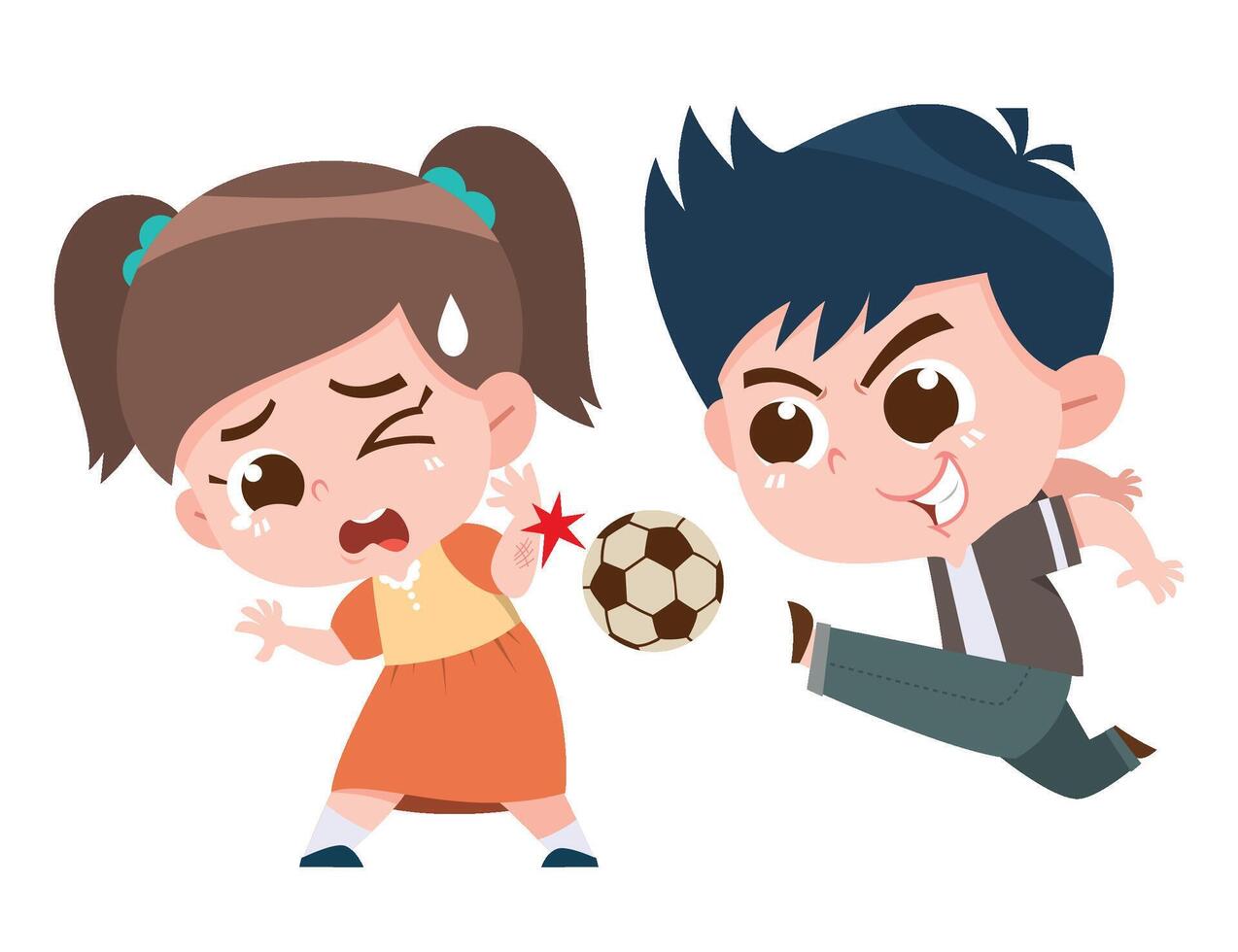A digital illustration of a boy kicking a soccer ball forcefully, accidentally hitting a girl who looks shocked and in pain. vector