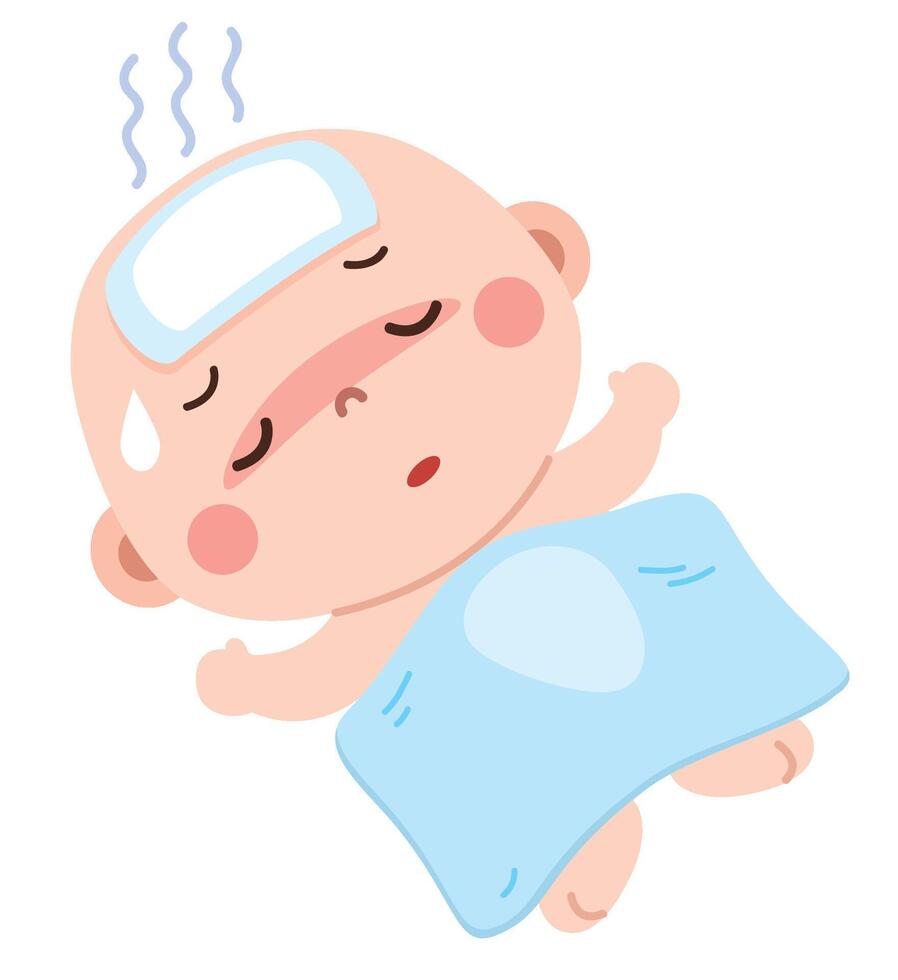 Sick Baby with Fever Lying in Bed with Cooling Pad. vector