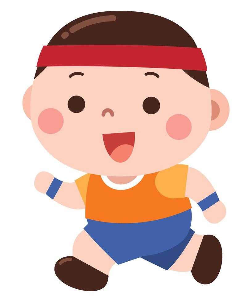 A cute cartoon illustration of a young boy in a sporty outfit with a red headband, joyfully running. vector