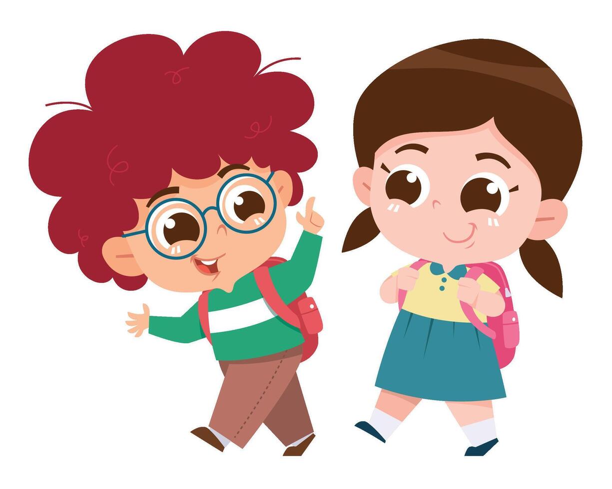 A cheerful digital illustration of two happy children walking together with backpacks, ready for school. vector