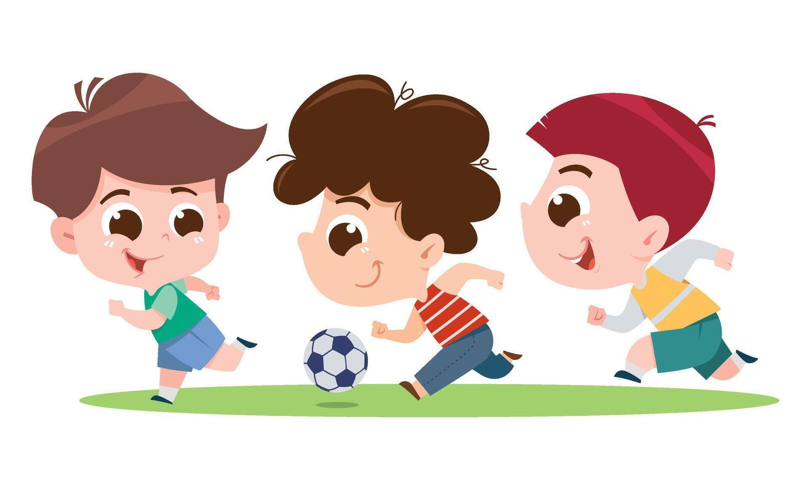 A fun and energetic digital illustration of three boys playing soccer on a grassy field. vector