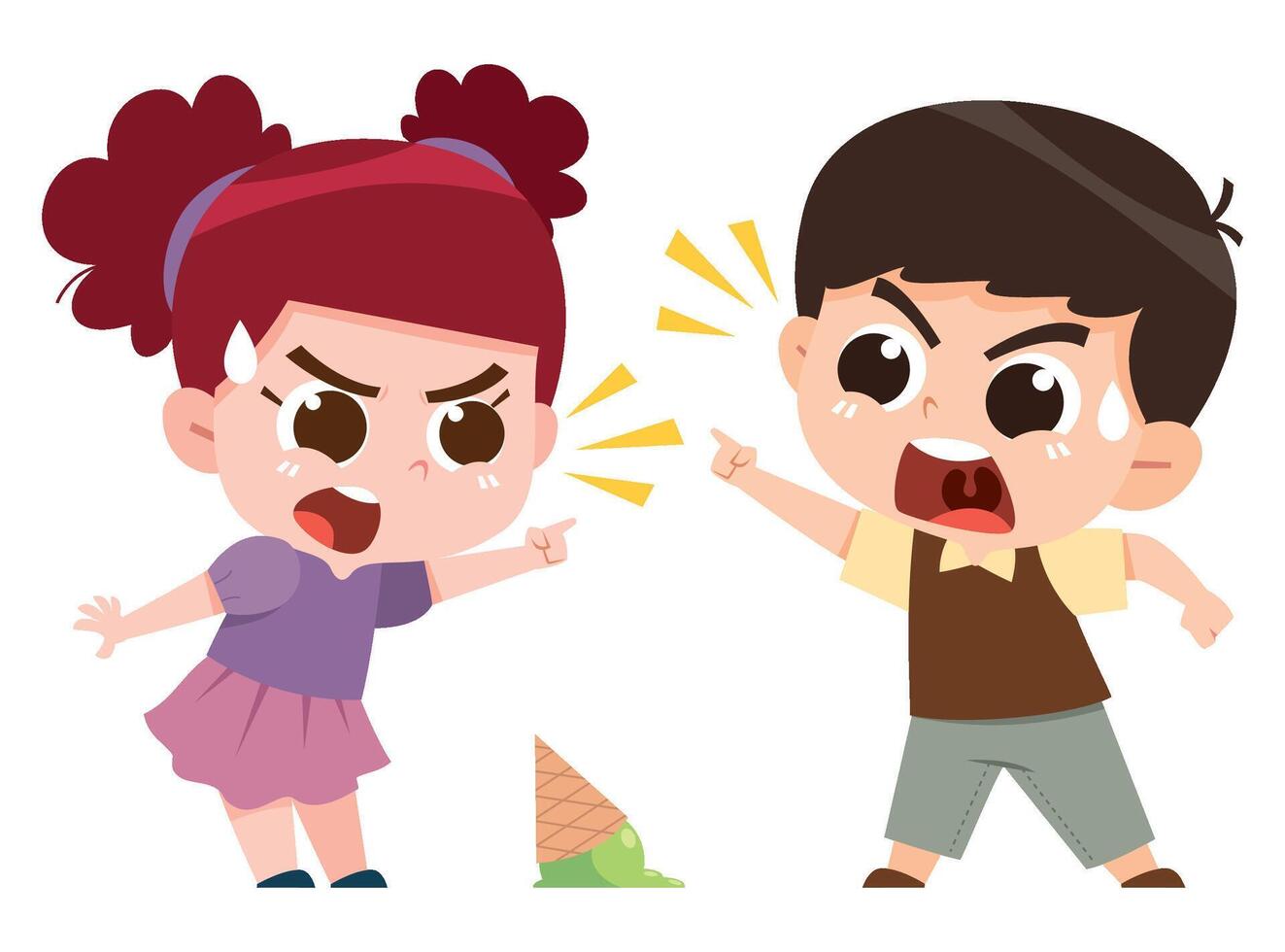 A digital illustration depicting two children angrily arguing and pointing at each other over a fallen ice cream cone. vector