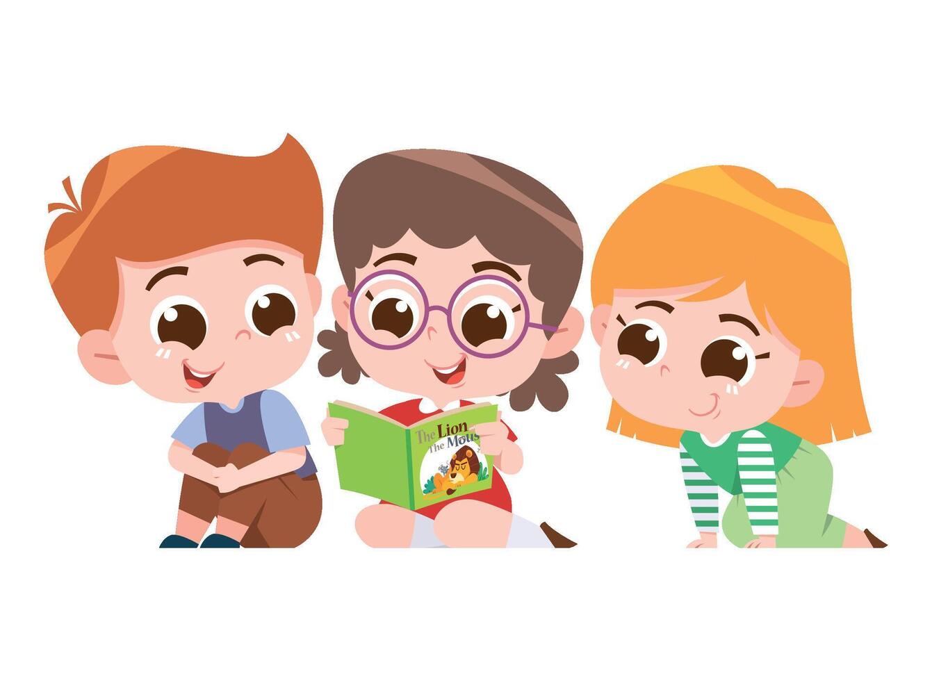 A delightful digital illustration of three children sitting together, happily reading a book. vector