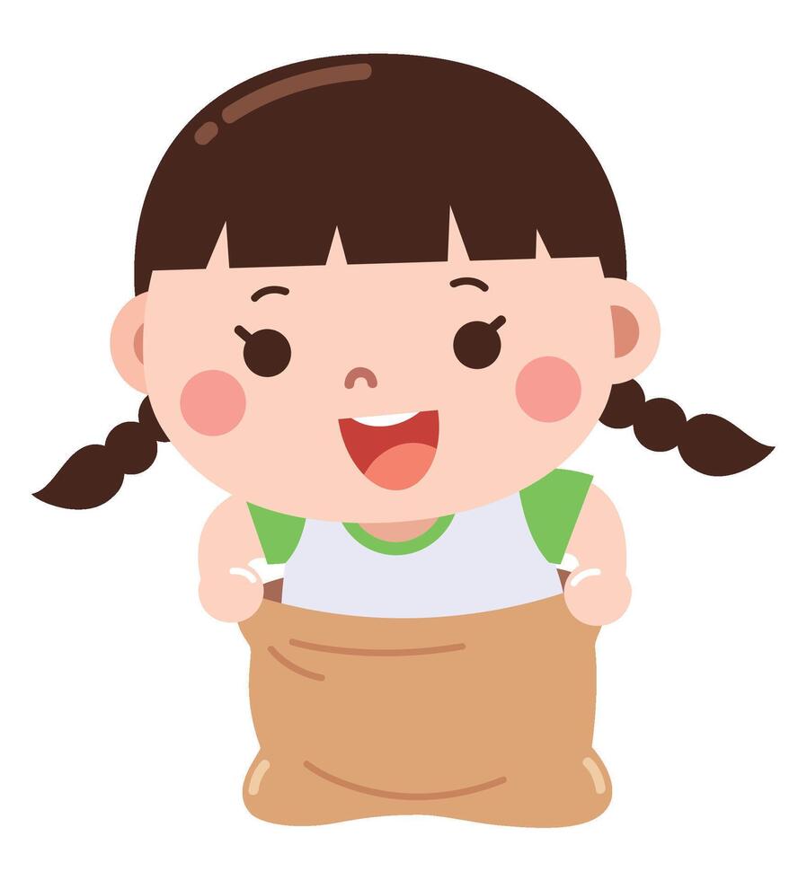 A happy young girl participating in a classic sack race. vector