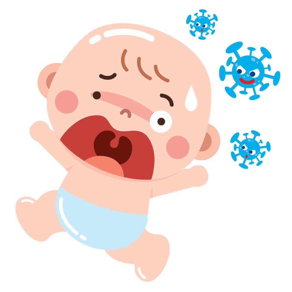 A cute yet alarming illustration of a baby crying in fear as cartoon viruses float nearby. vector