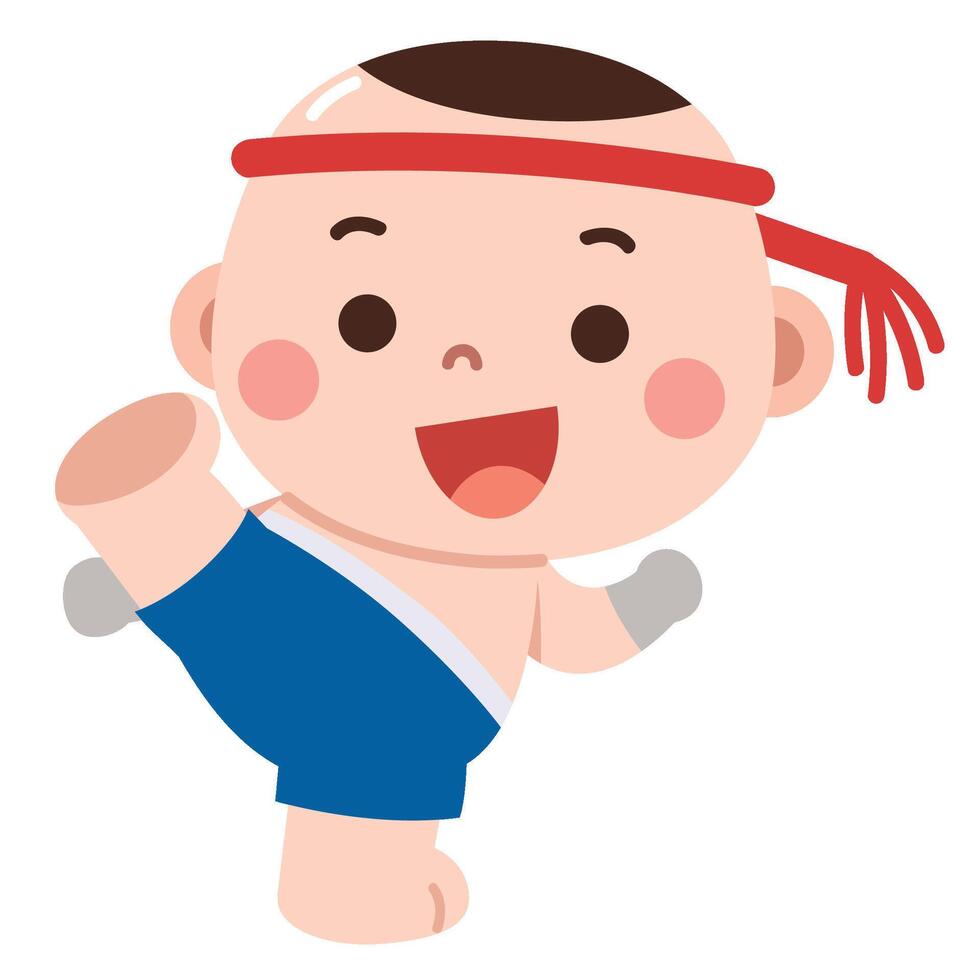 A fun and adorable cartoon illustration of a young boy practicing Muay Thai. vector