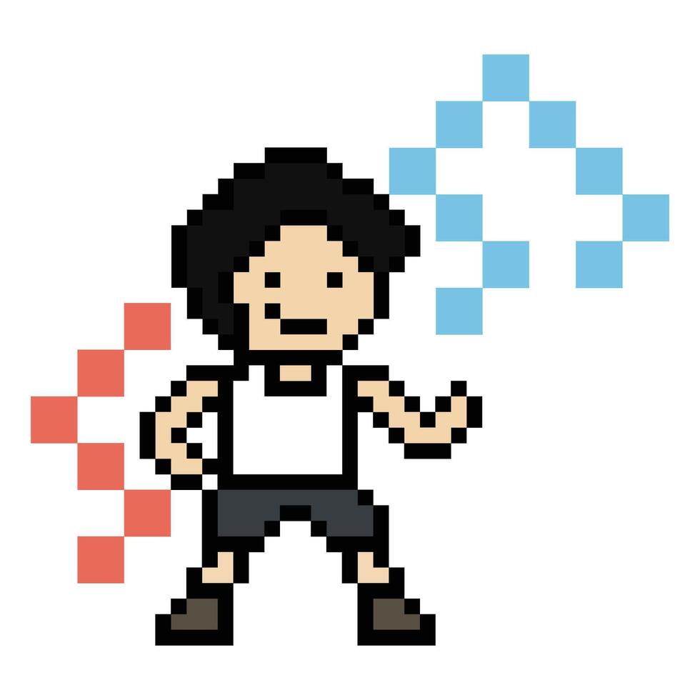 Cartoon boy man male dance exercise with music listen 8 bit. vector