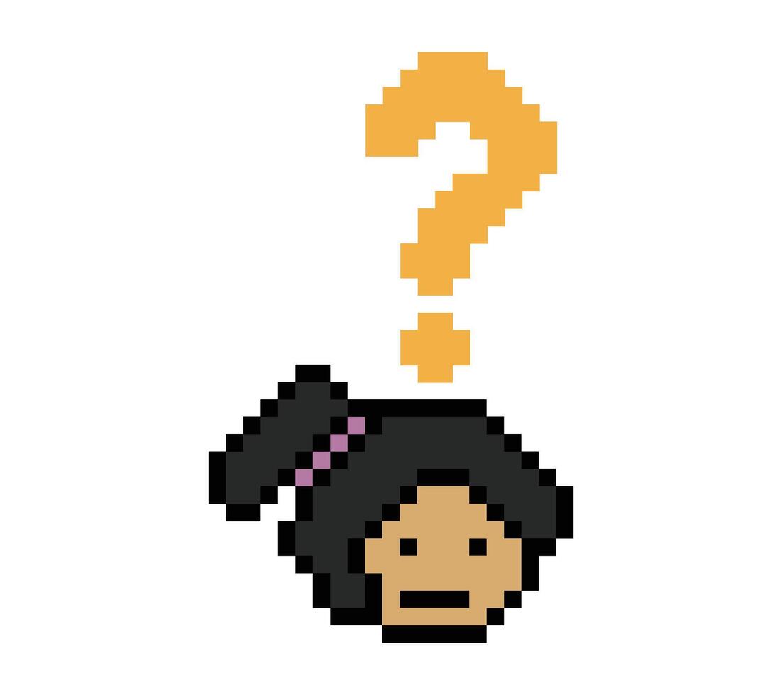 Cartoon of lady woman female girl with question quiz question mark 8 bit. vector
