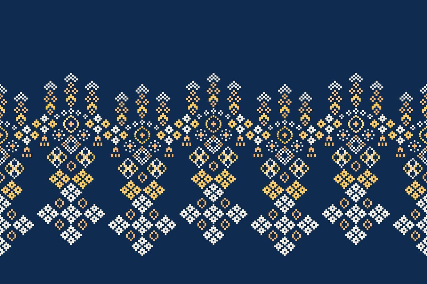Pixel cross stitch with blue background color ethnic pattern decor. vector