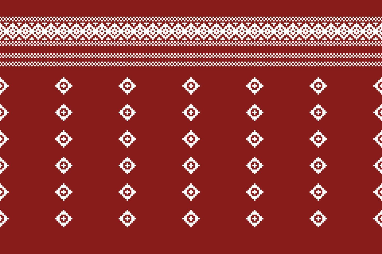 Pixel art of red color background with cross stitch motif decor. vector