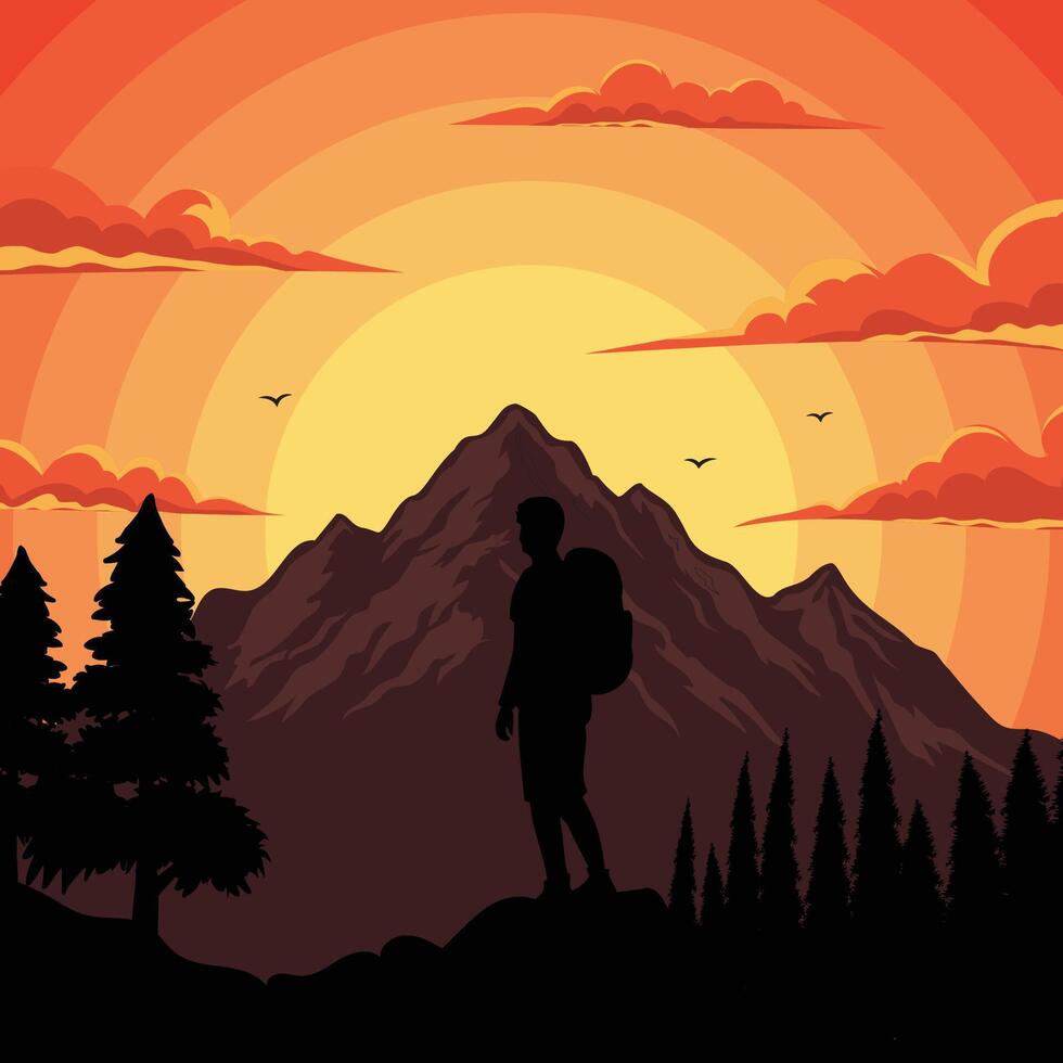A Hiker Stands Observing the Sunset Over Majestic Mountain Peaks vector