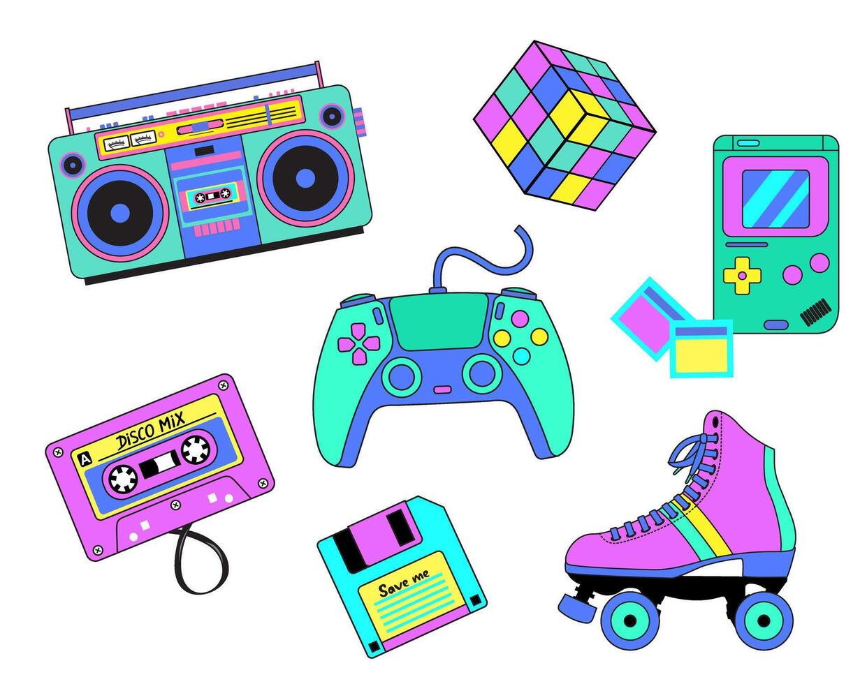 80s-90s style. Art style elements set with disco equipment and retro objects in colorful vintage style. Boombox, game joystick, roller skates, diskette, game console vector