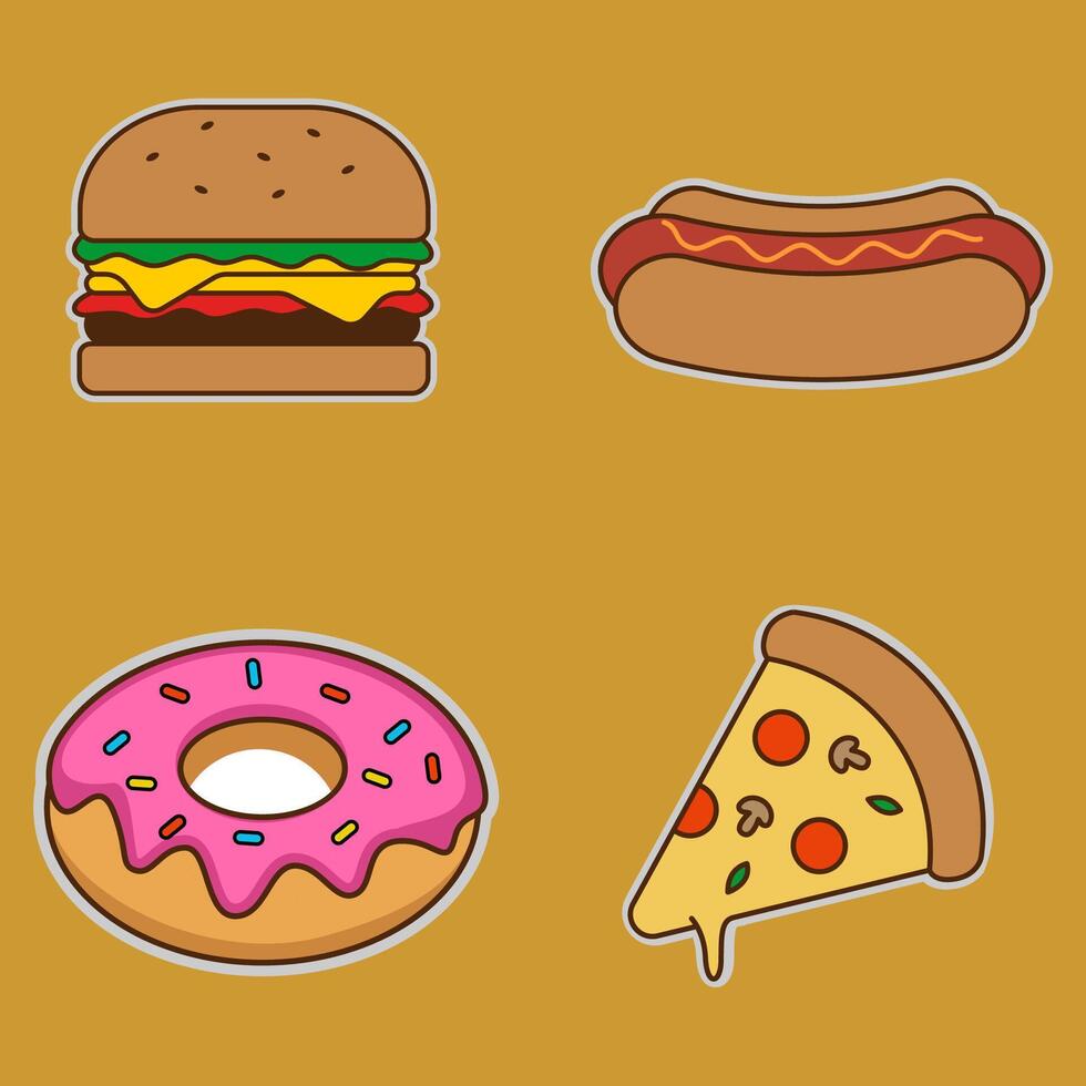Burger a hot dog a donut and a slice of pizza. vector