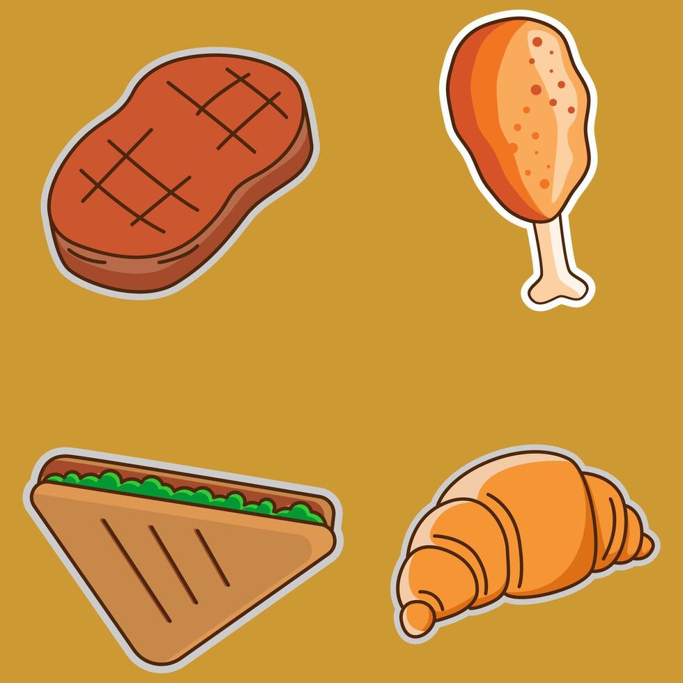 Steak a chicken leg a croissant and a sandwich. vector