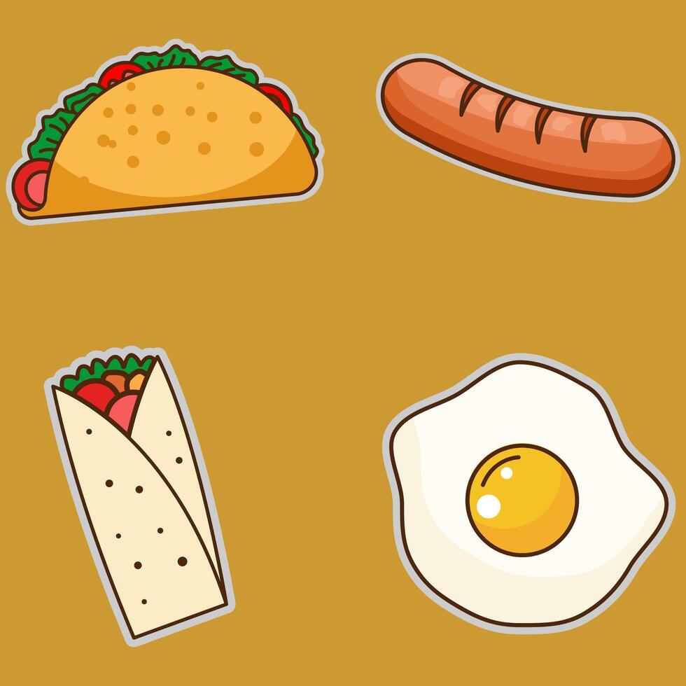 Taco a sausage a burrito and a fried egg. vector