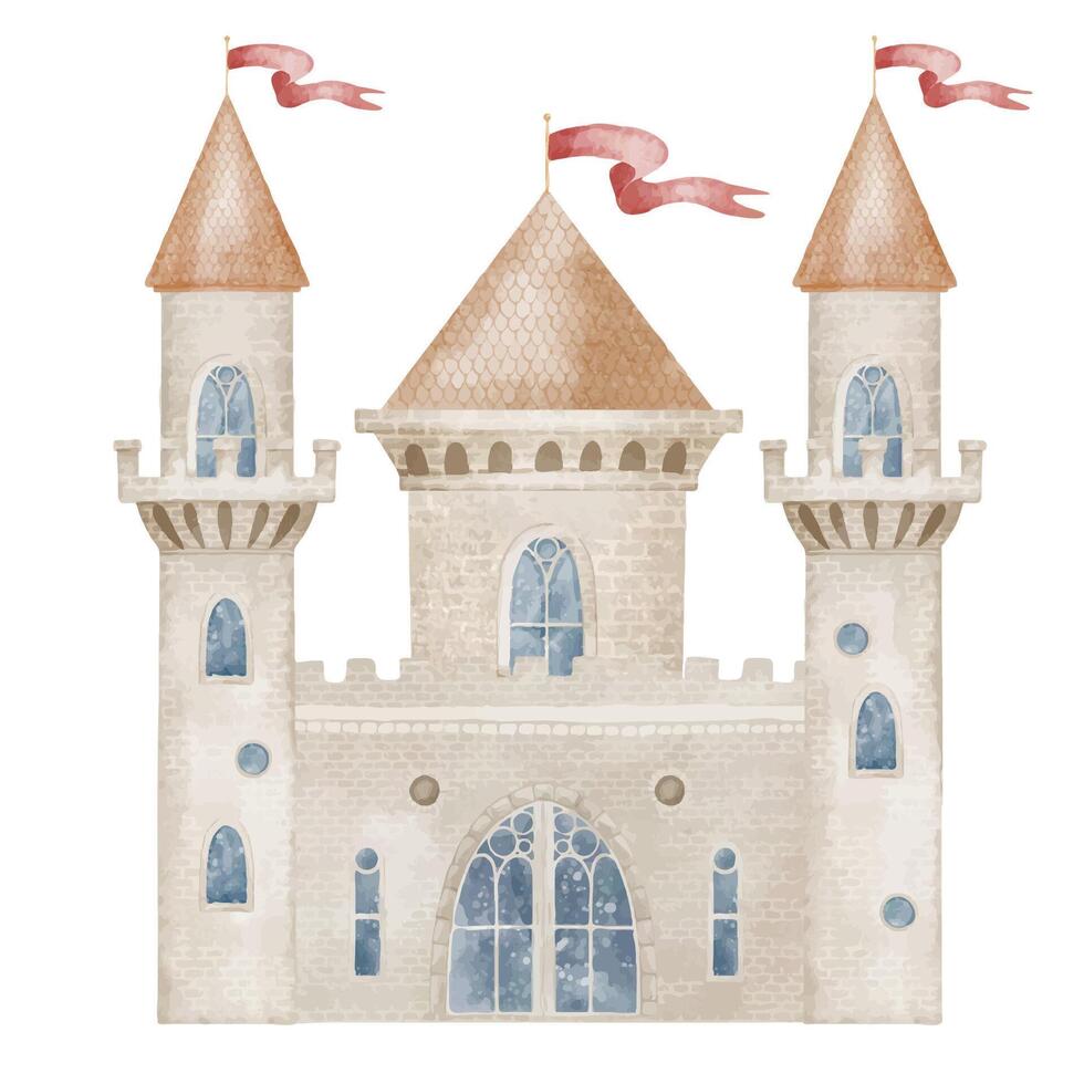 Watercolor illustration of Castle with Towers, flags, and stone walls. Drawing of Fortress in pastel colors for fairy tale nursery posters. Art of citadel in pastel colors for childish invitation card vector
