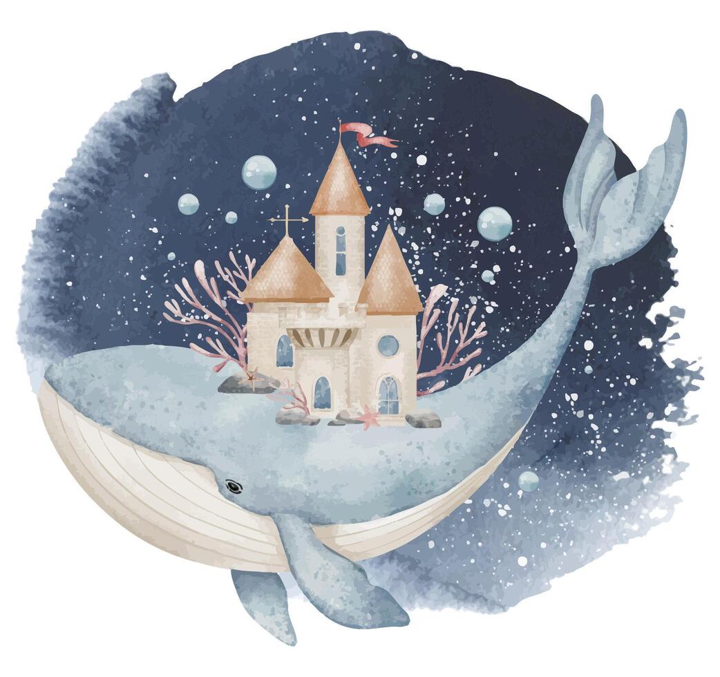 Watercolor illustration of Whale with a magical Castle on its back, surrounded by Coral and bubbles. Drawing if underwater animal for nautical and fantasy themed Baby designs. Art for childish poster. vector