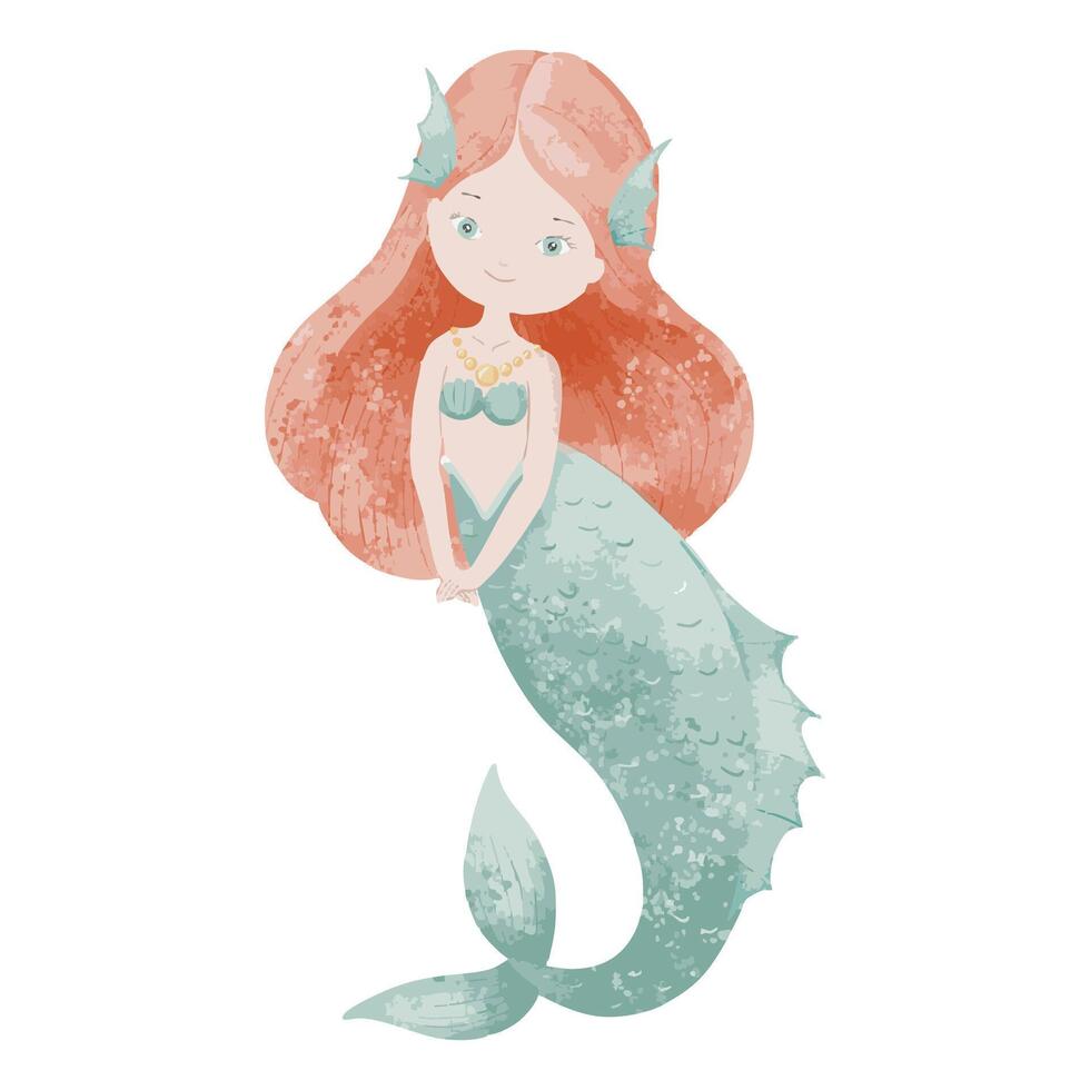 Watercolor illustration of a Mermaid with red hair and green tail. Drawing of cute underwater Princess for childish posters or nursery wall art. Drawing of fantasy character for girls baby shower card vector