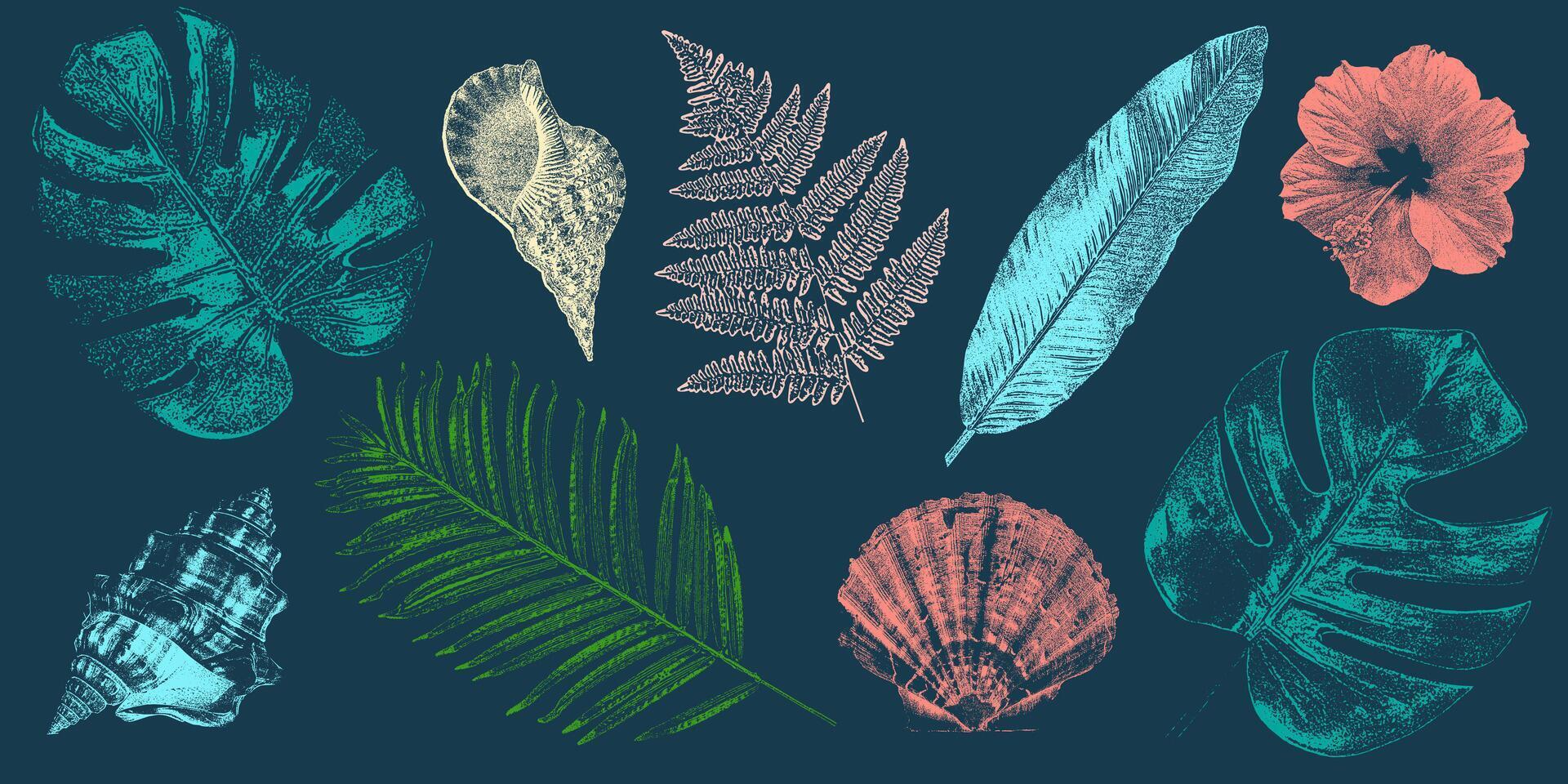 Tropical summer elements set with photocopy effect, navy blue background, coral, aqua, green and beige tones. Perfect for prints, stickers, invitations, posters, social media, and beach-themed designs vector