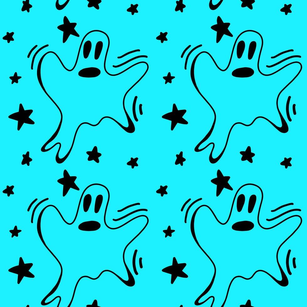 halloween ghost and stars seamless pattern isolated background. Funny, cute illustration for seasonal design, textile, decoration kids playroom or greeting card. Hand drawn prints and doodle. vector